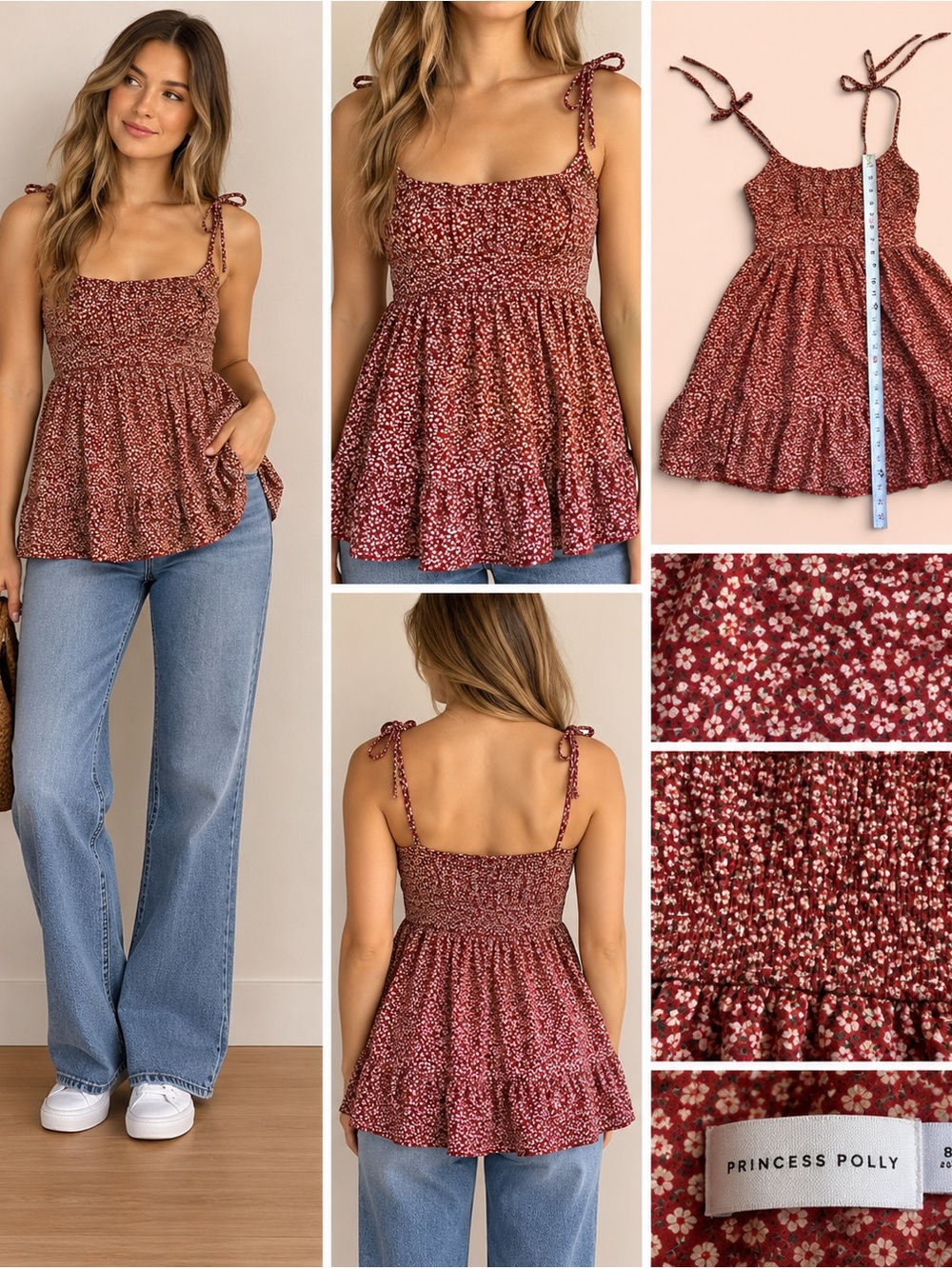 NWT Princess Polly Red Floral Smocked Babydoll Top Size 8